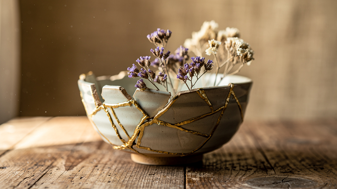 Kintsugi gold-repaired bowl symbolizing healing and resilience
