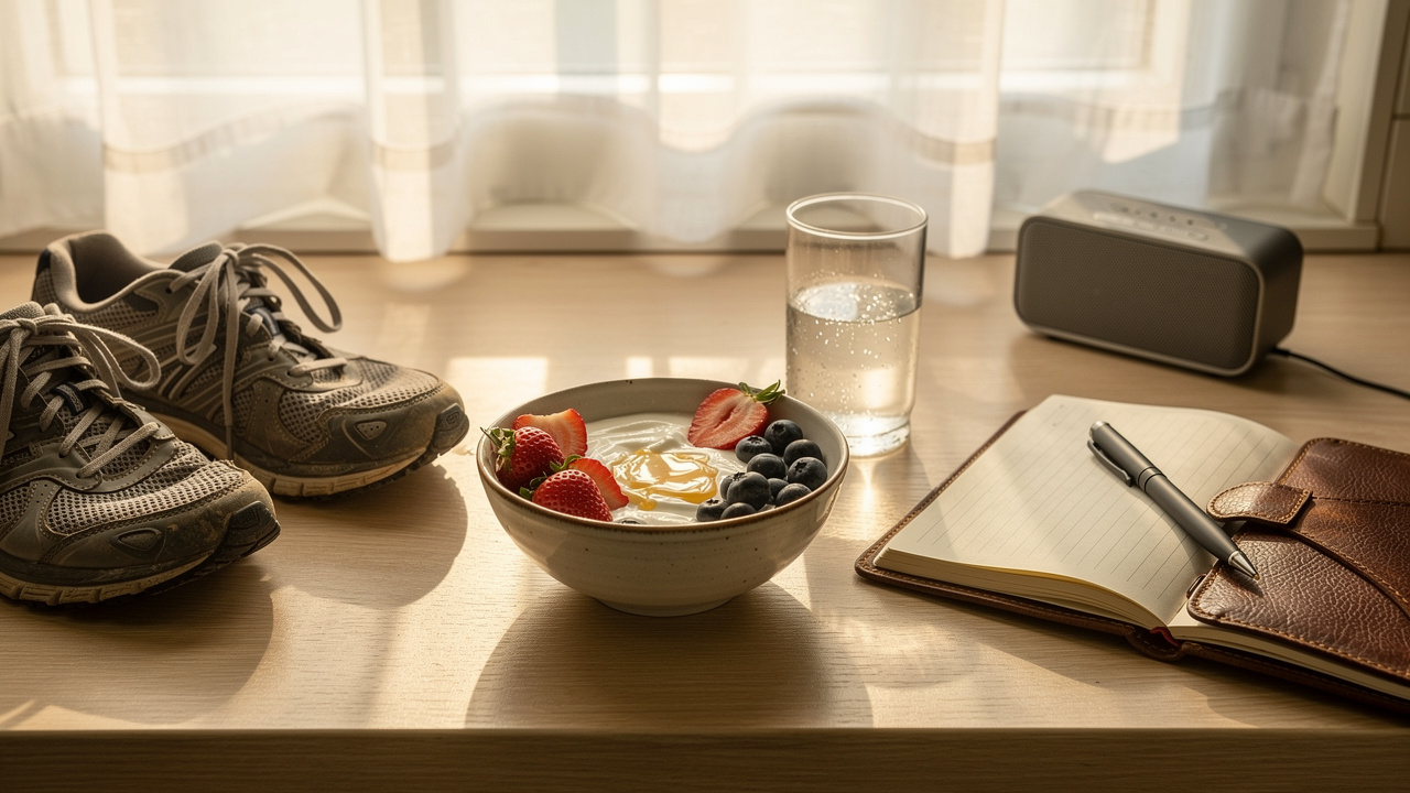 Morning wellness routine with journal food and movement for healing