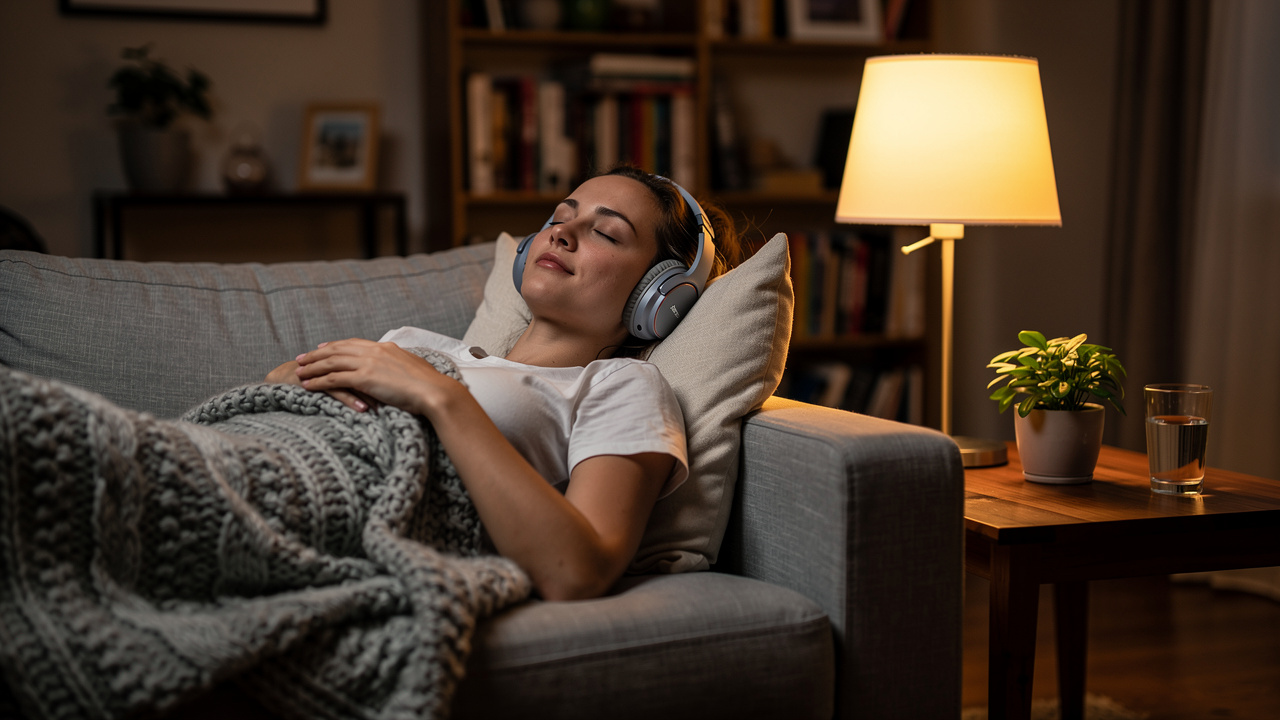 Person listening to sound therapy headphones in peaceful evening setting