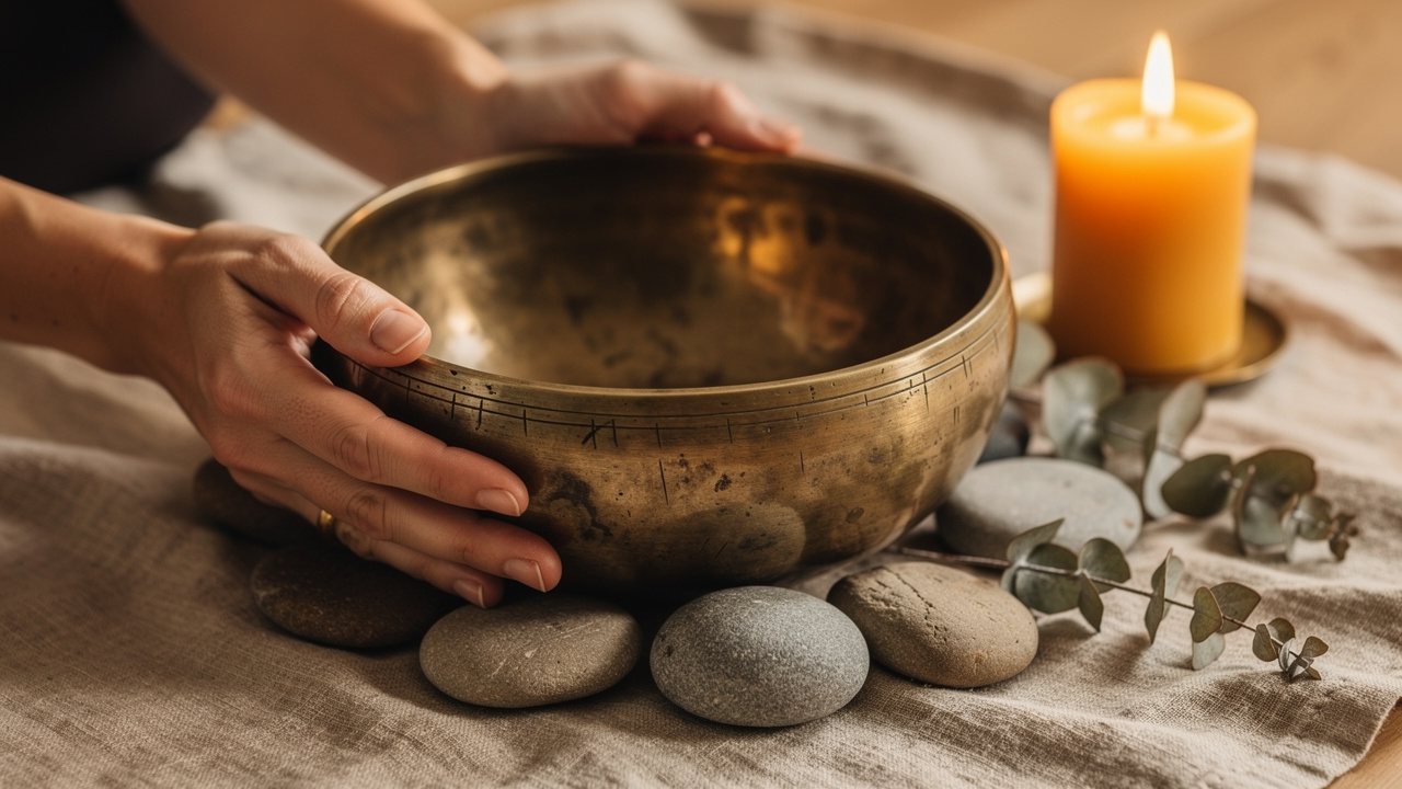 Hands on singing bowl during sound therapy healing session