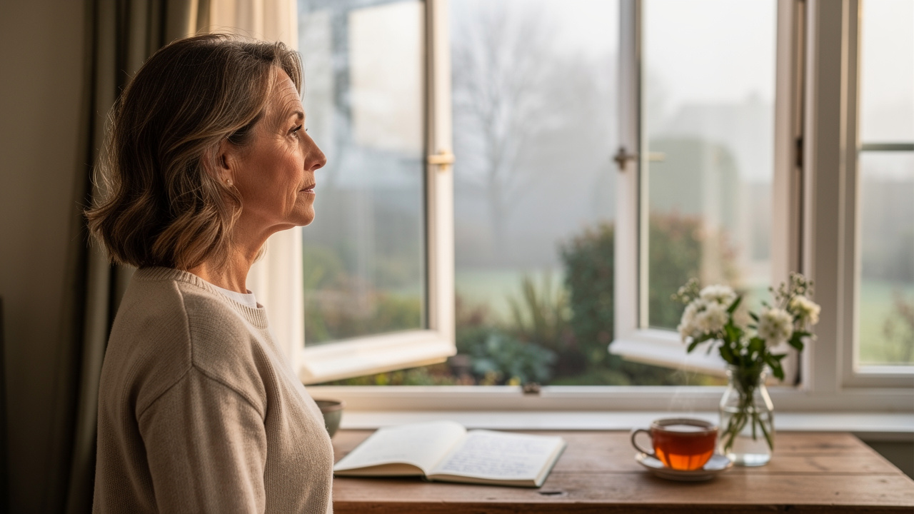 Woman gazing at reflection while rebuilding identity after loss