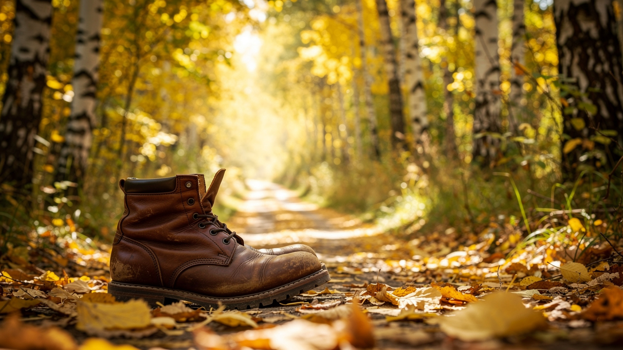 Boots stepping forward on sunlit autumn forest path