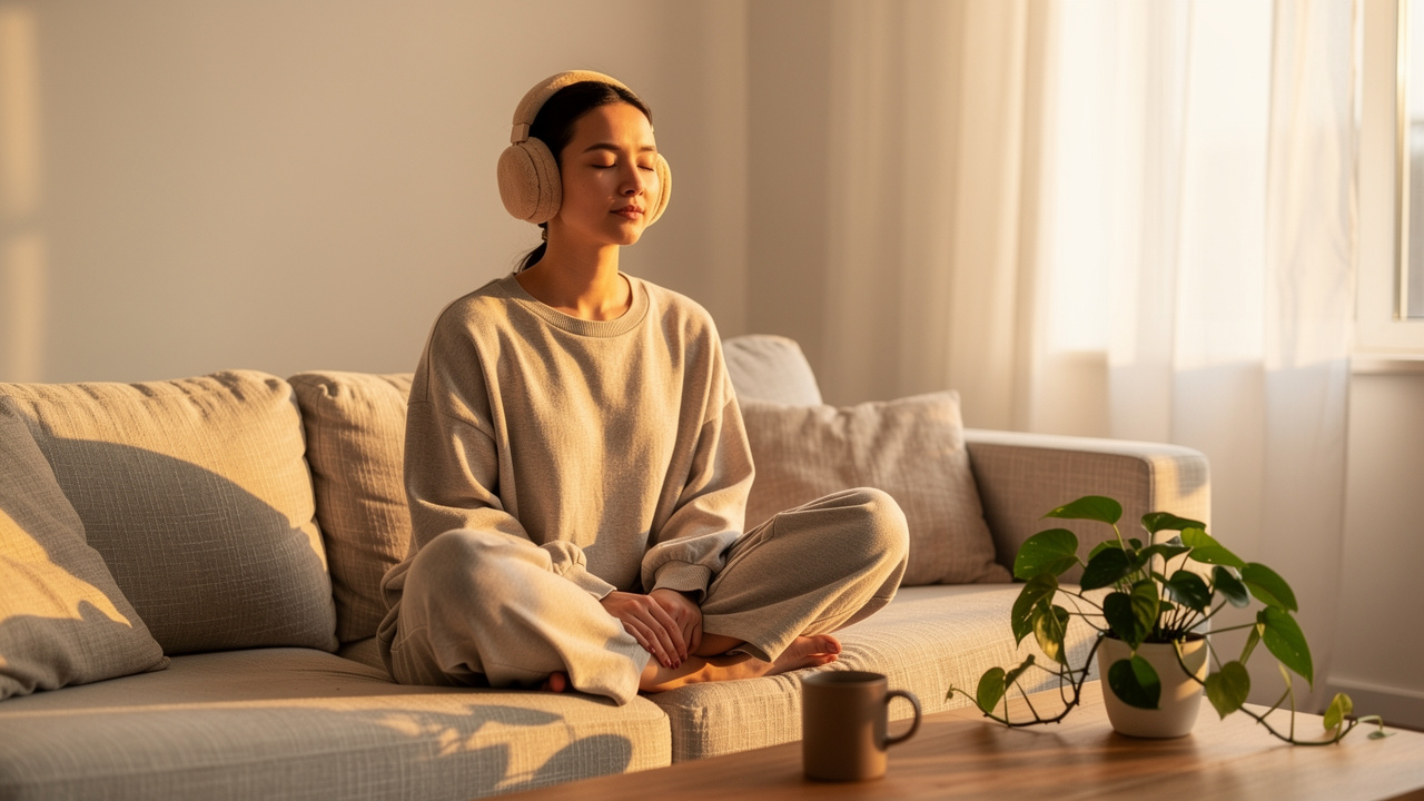 Person listening to healing audio therapy in peaceful home setting