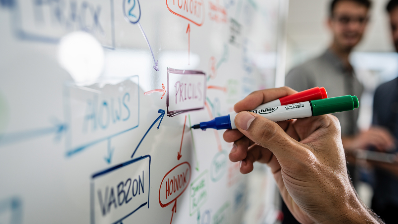 Hands sketching ideas on whiteboard during brainstorming