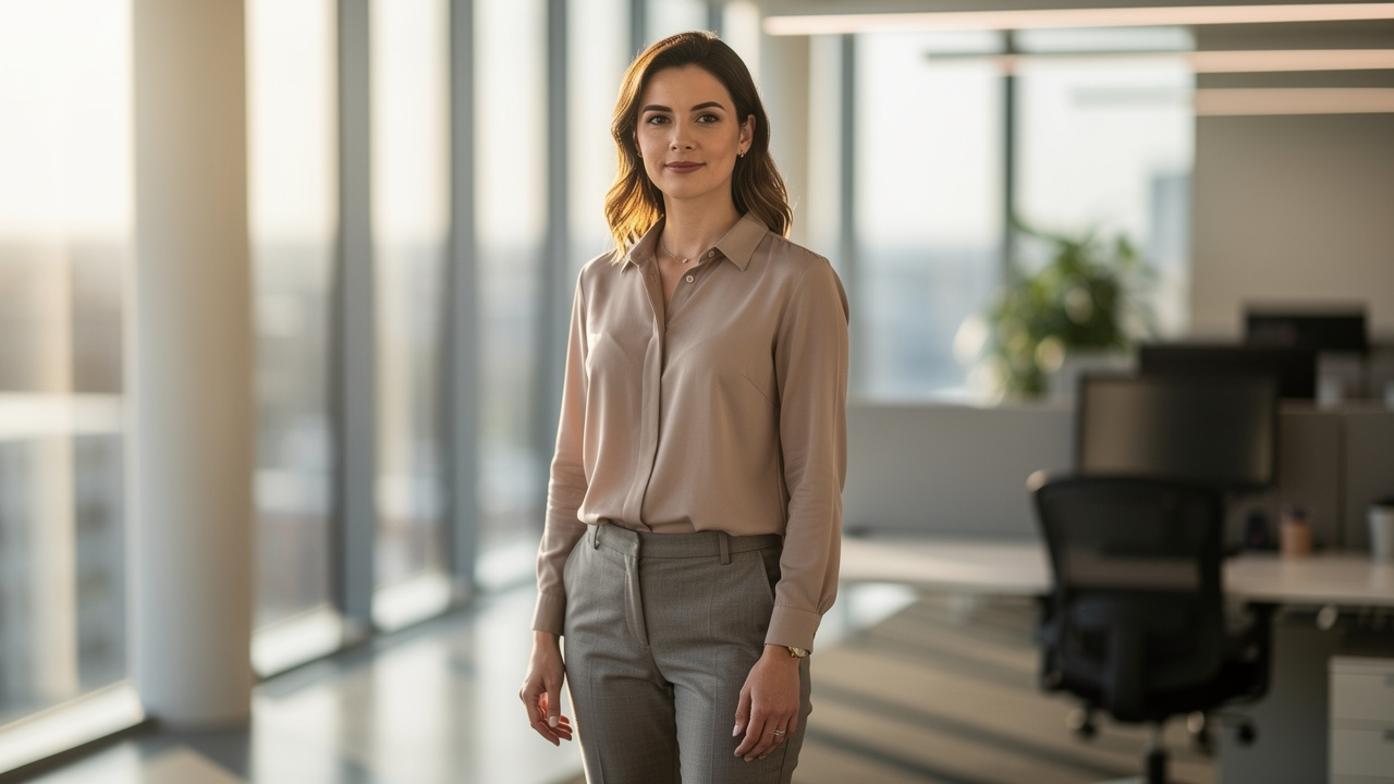 Professional person standing with excellent upright posture and calm expression