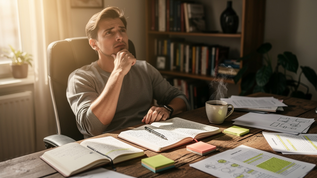 Person thoughtfully analyzing work at a sunlit desk