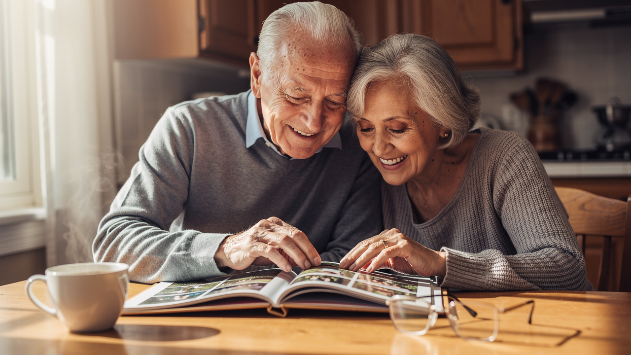 Elderly couple engaging memory over photo album together