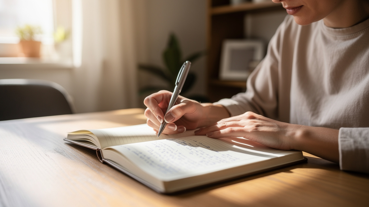 Person journaling at a desk with natural window lighting
