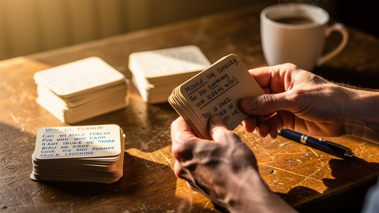 Hands sorting flashcards for active recall practice