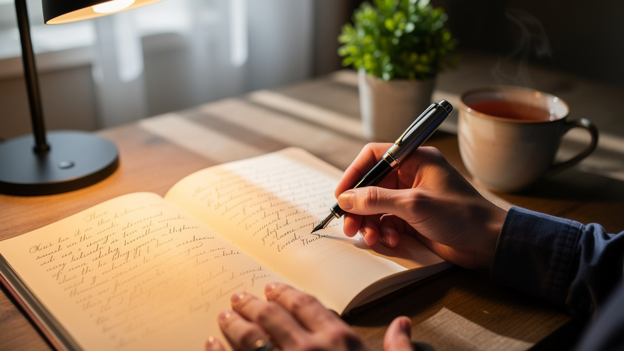 Hands writing specific goals and intentions in journal