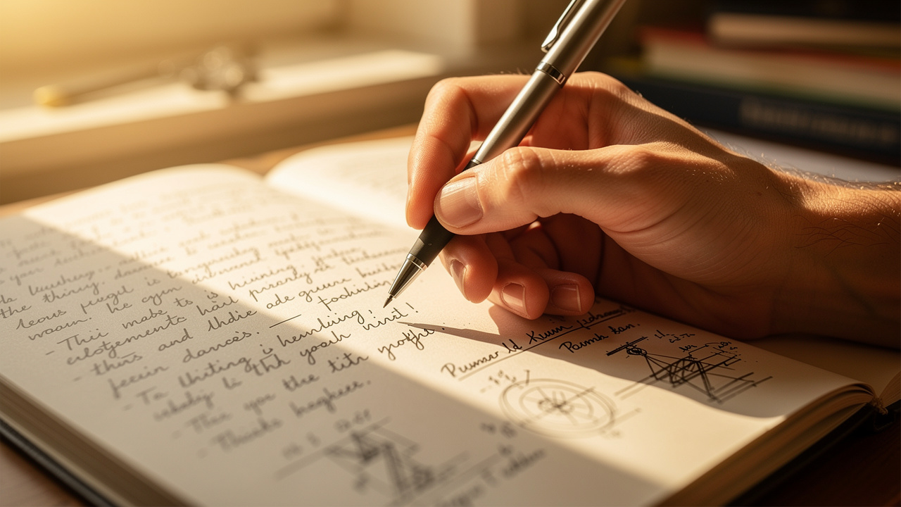 Hand writing notes in notebook during focused study session.