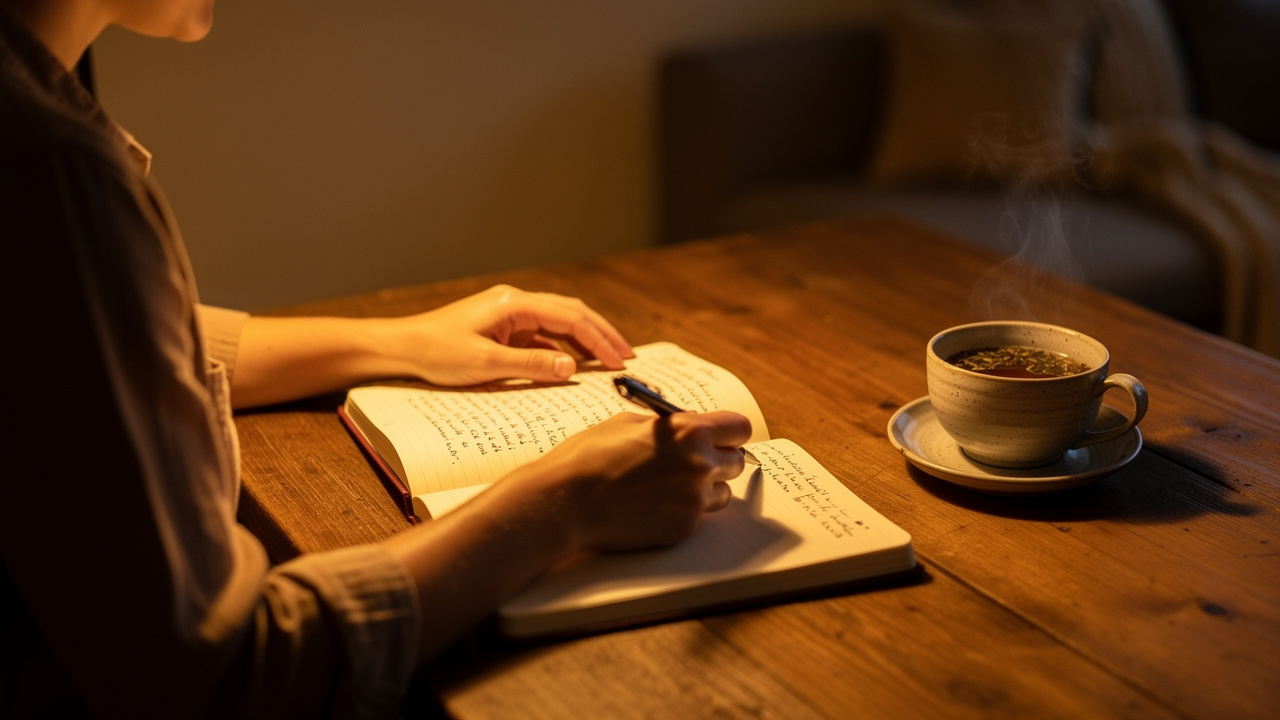 Person journaling to practice self-compassion in the evening