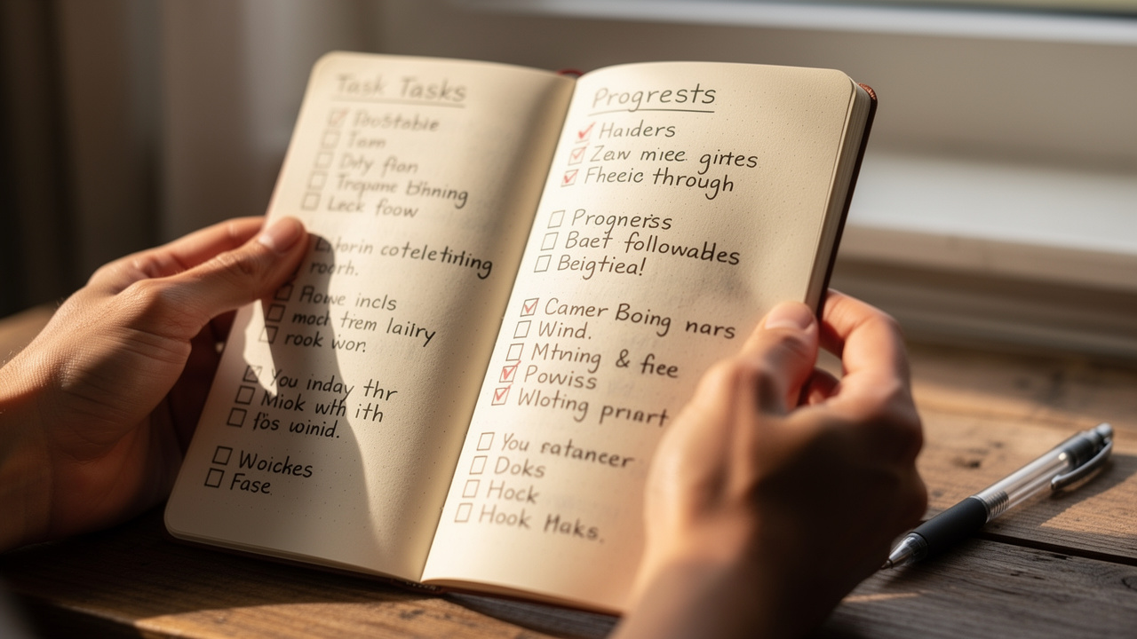 Hands holding a completed task list with checked items showing personal progress