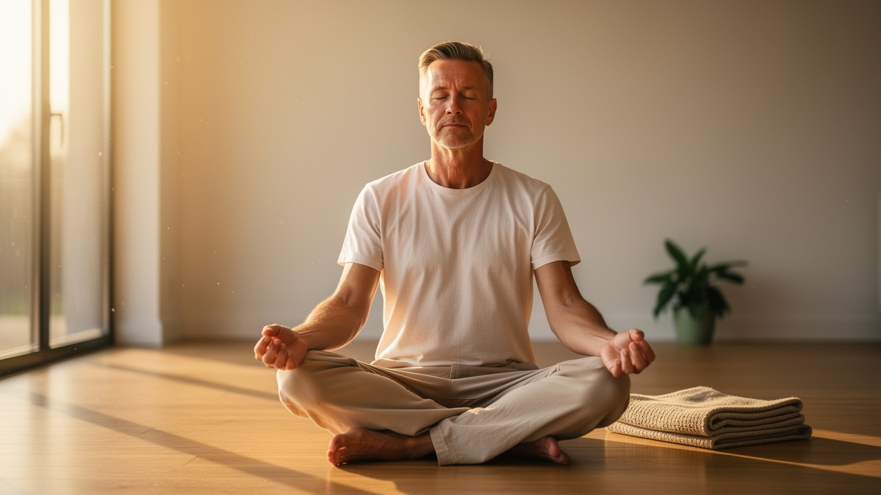 Man practicing mindfulness meditation in sunlit room