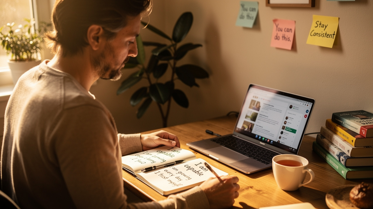 Person engaged in focused personal development and affirmation work with genuine concentration