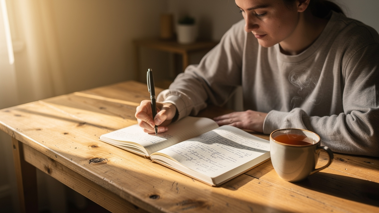 Person journaling thoughtfully during morning reflection routine