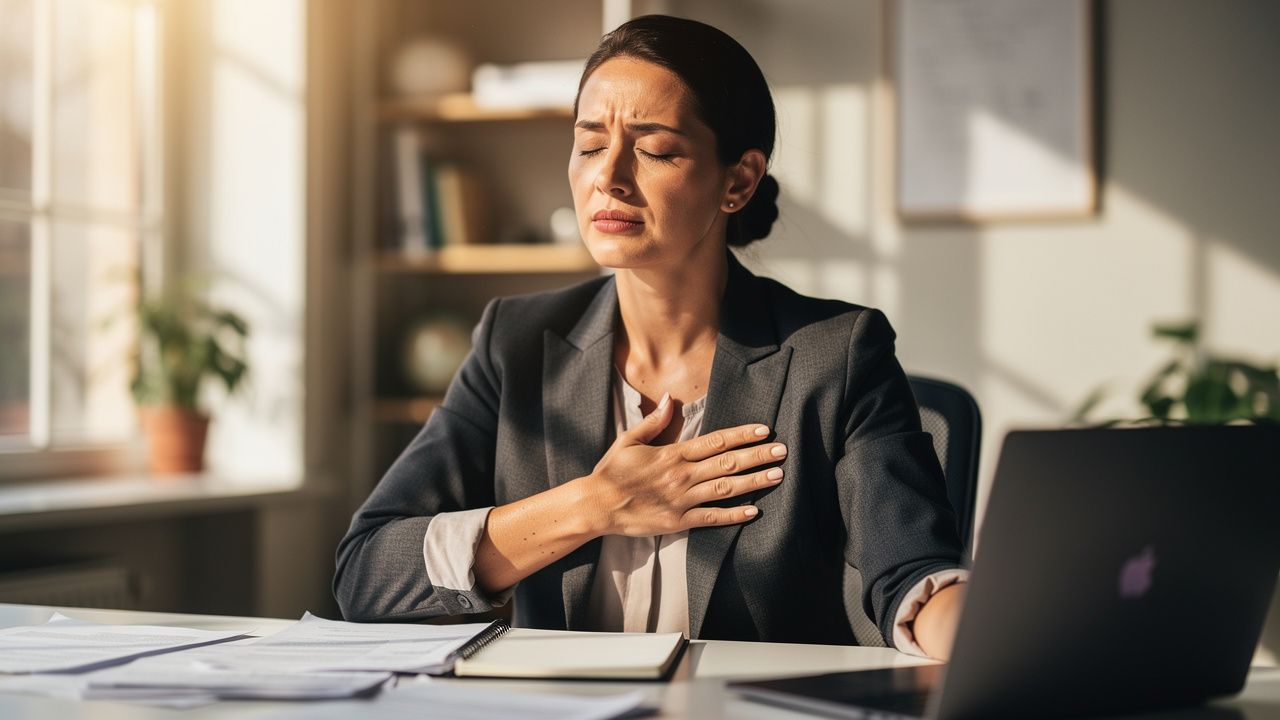 Stressed professional pausing to breathe at her desk
