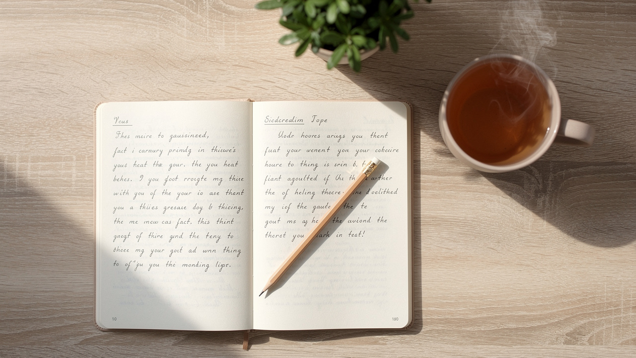 Organized study desk with notebook, pencil, and tea in natural light.
