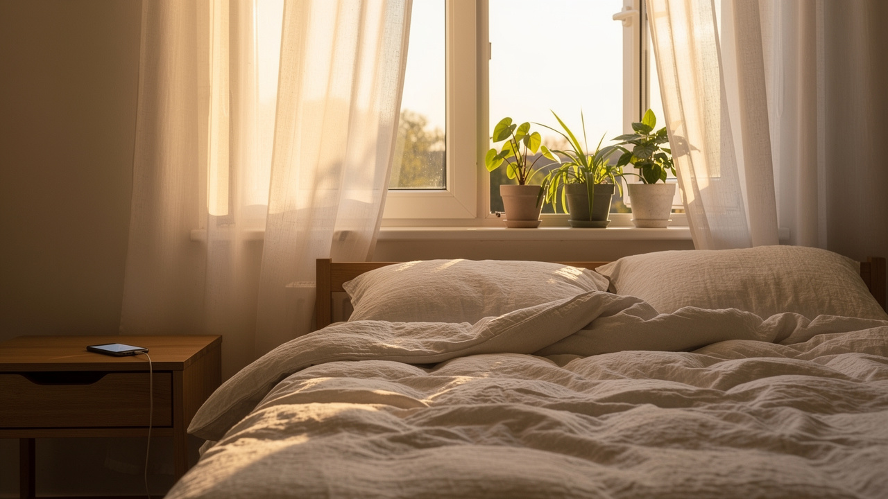 Calm bedroom environment promoting healthy sleep habits