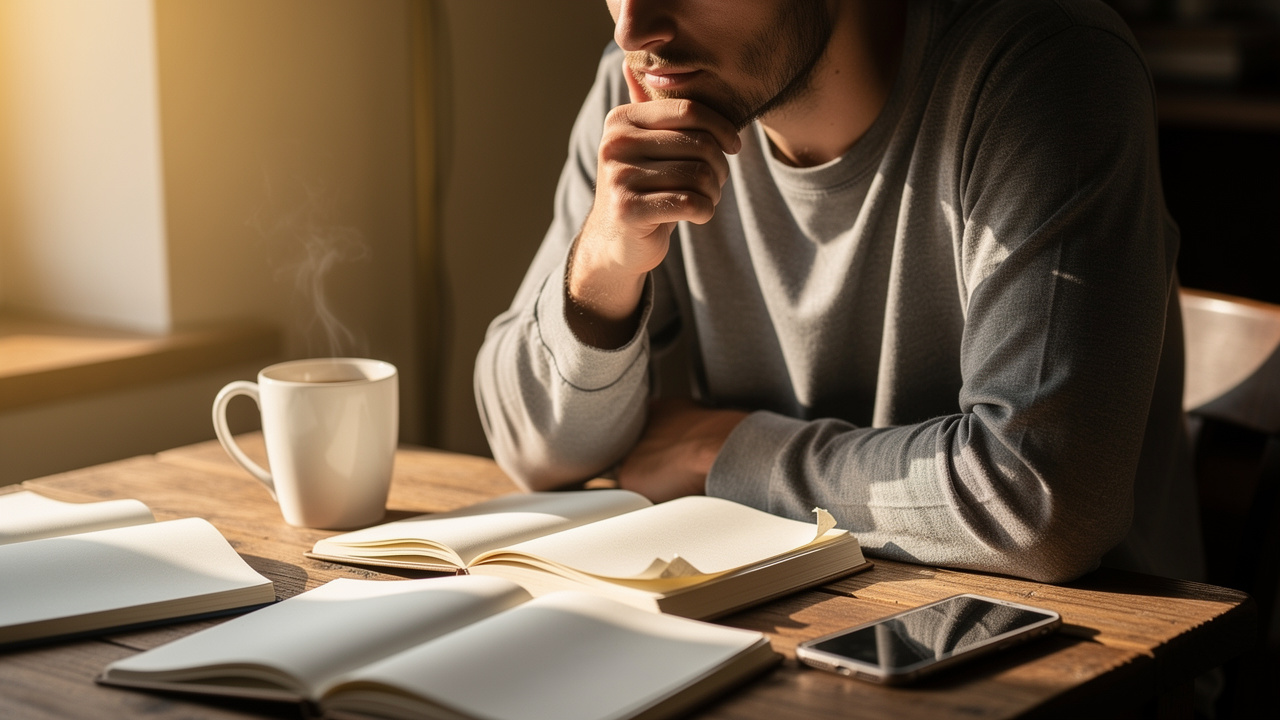 Person in quiet moment of self-reflection at desk