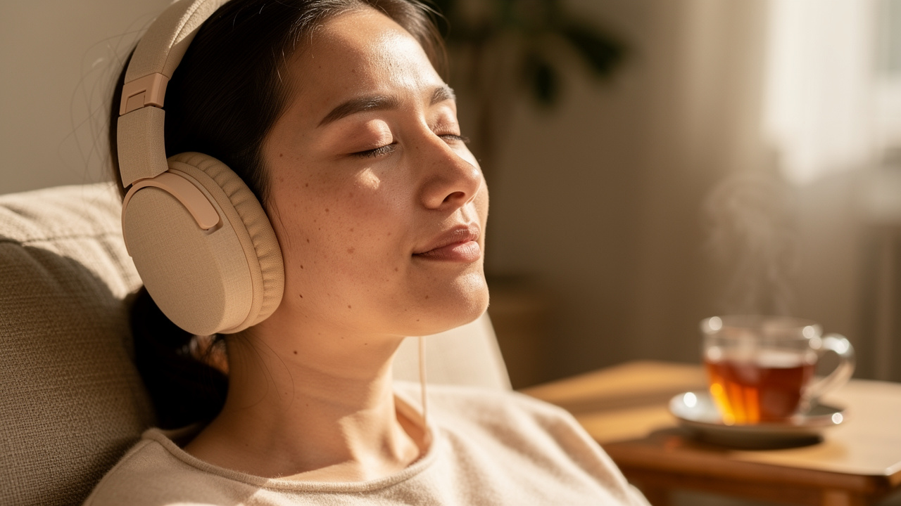 Person relaxing while listening through headphones calmly