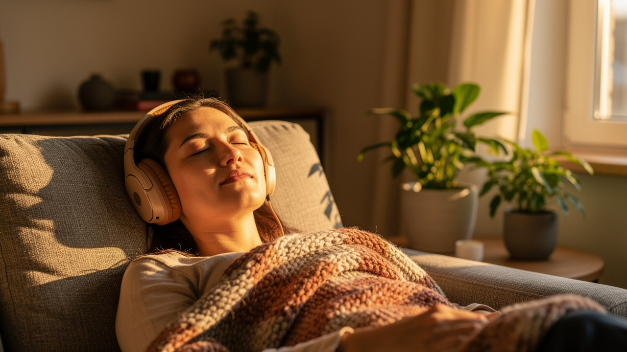 Person relaxing at home listening to audio through headphones