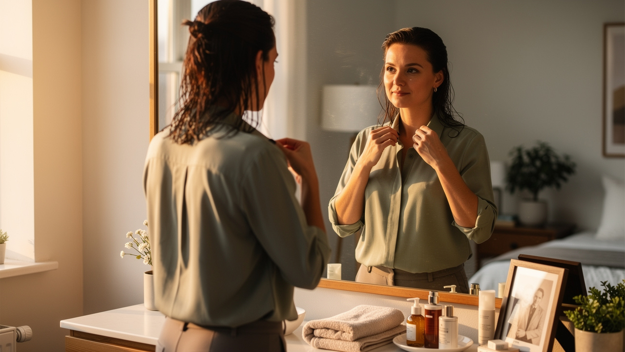 Person preparing themselves with clean, well-fitted clothing and personal grooming care
