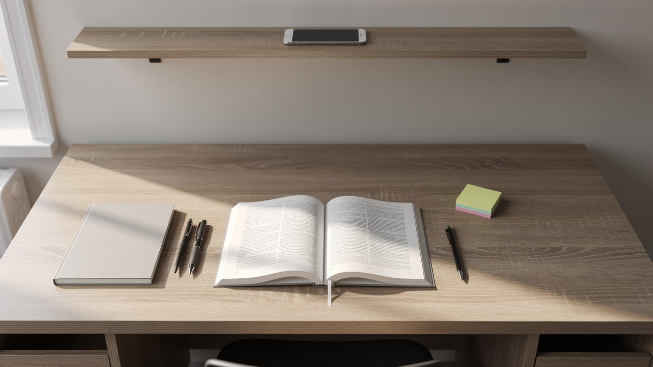Study desk with phone placed far away on distant shelf.