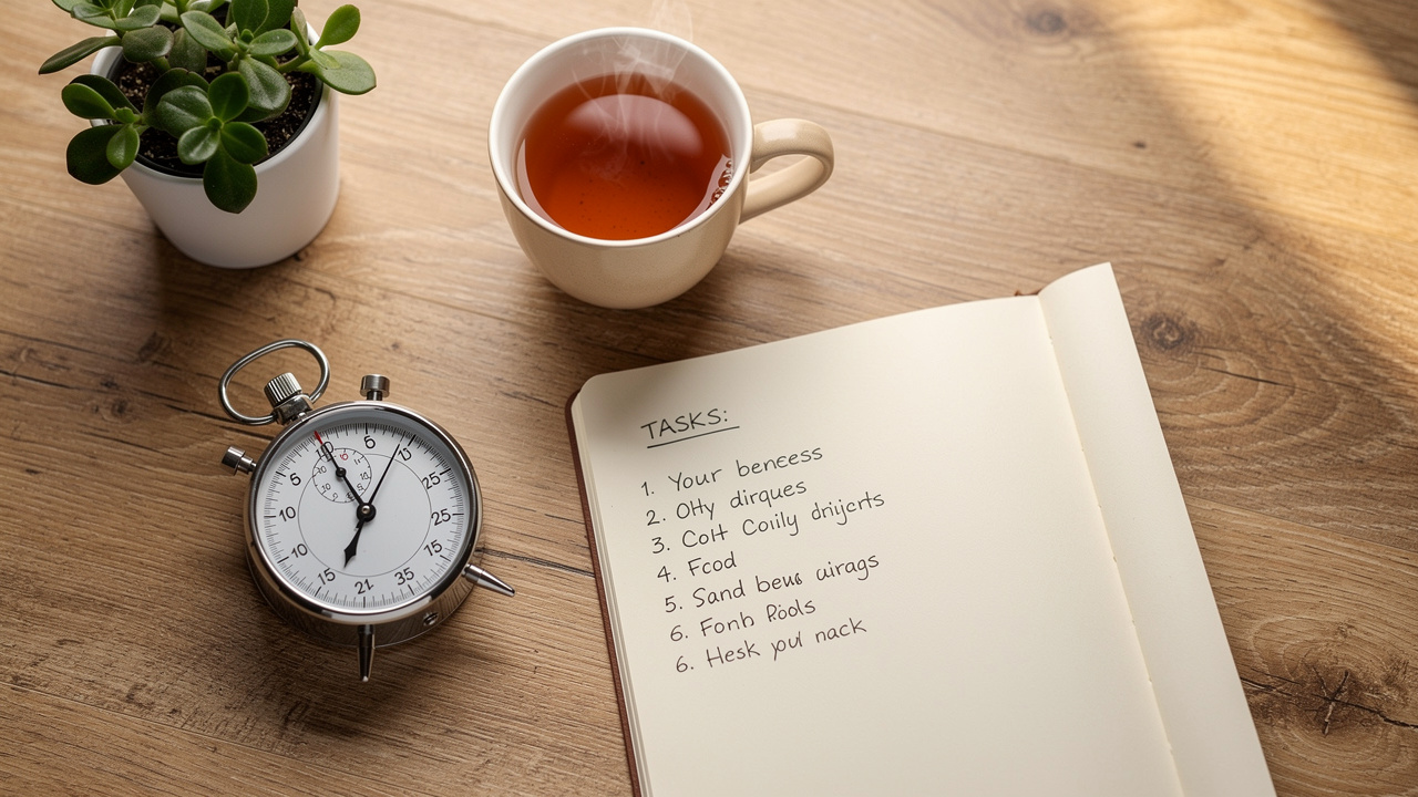 Timer and task list for productivity technique on desk