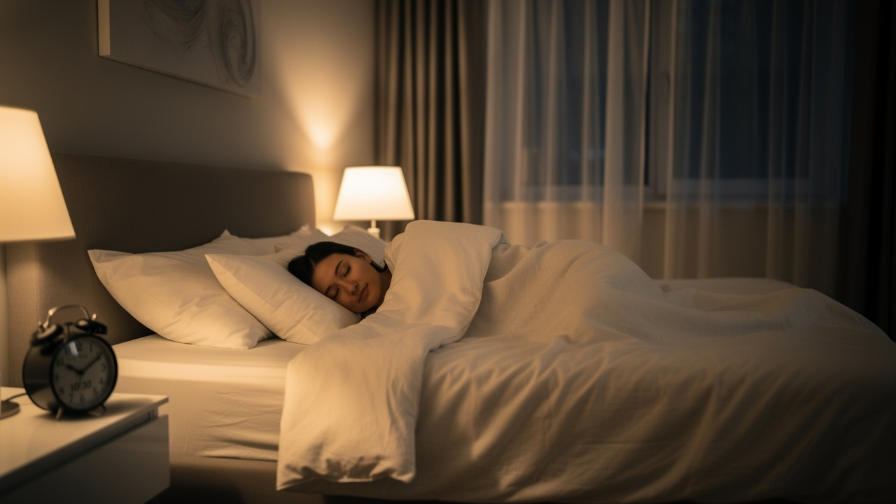 Person sleeping peacefully in well-lit bedroom at night.
