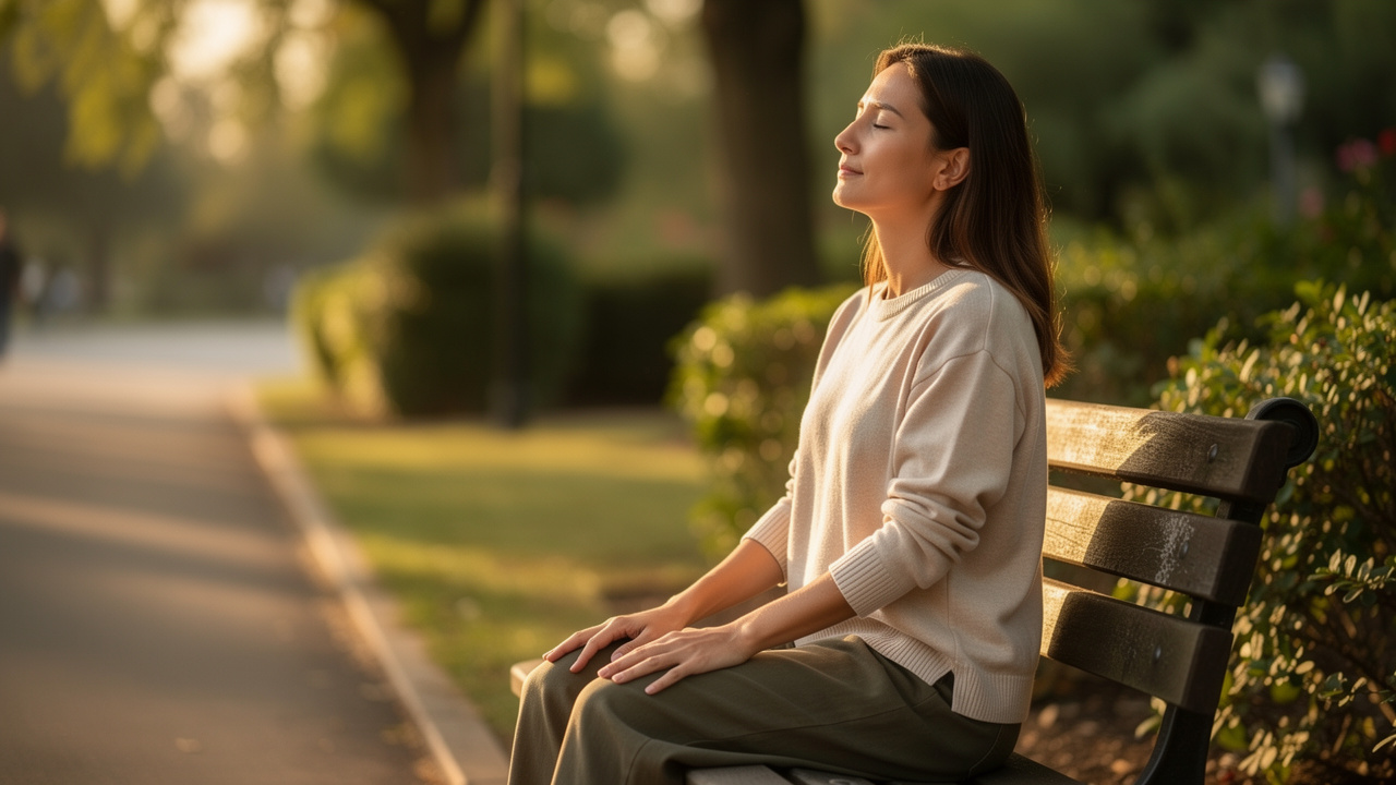 Person taking a mindful breath outdoors in natural sunlight