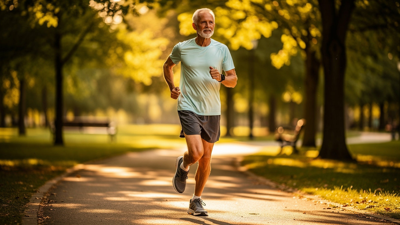 Senior man jogging outdoors supporting mental sharpness