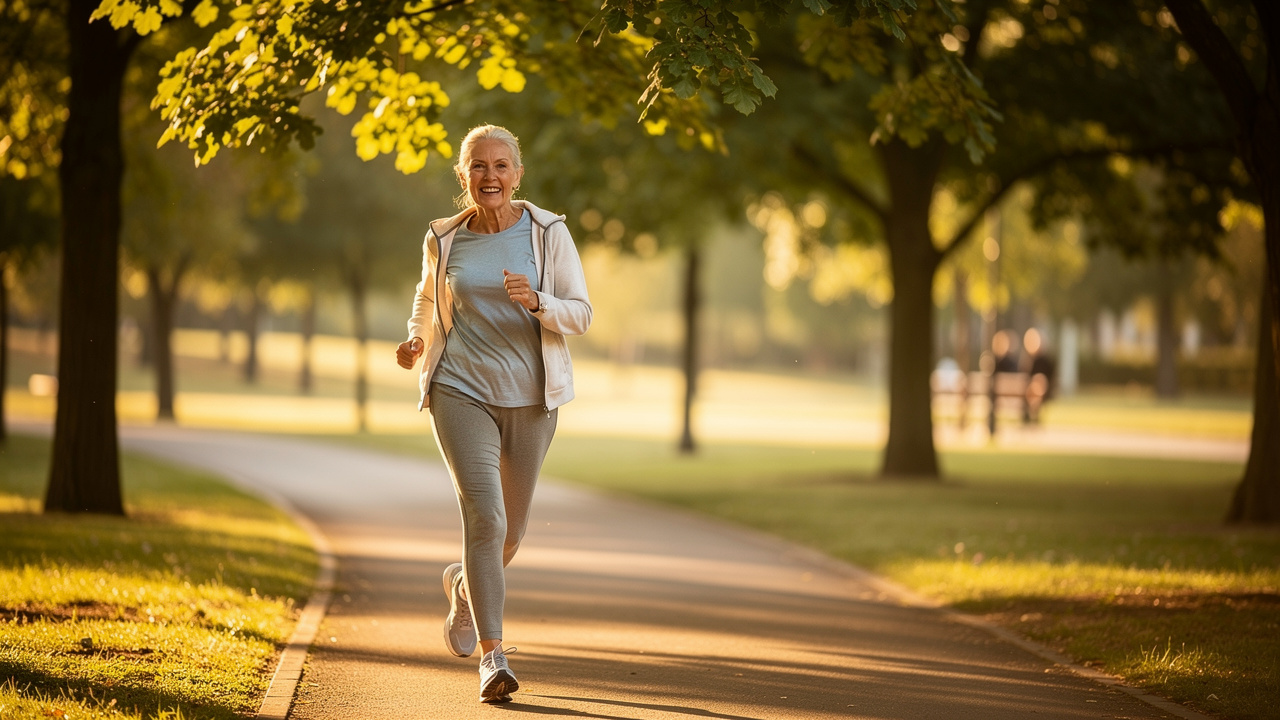Older woman jogging outdoors for brain health