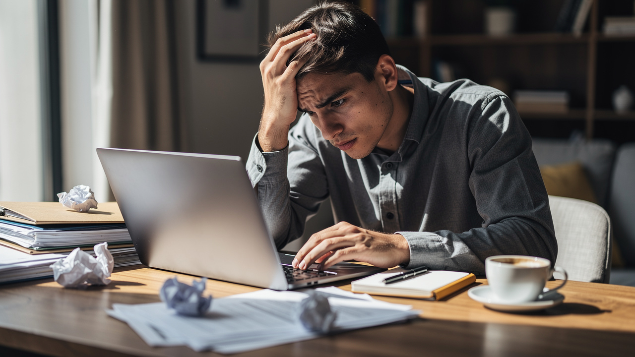 Stressed person avoiding work at cluttered desk
