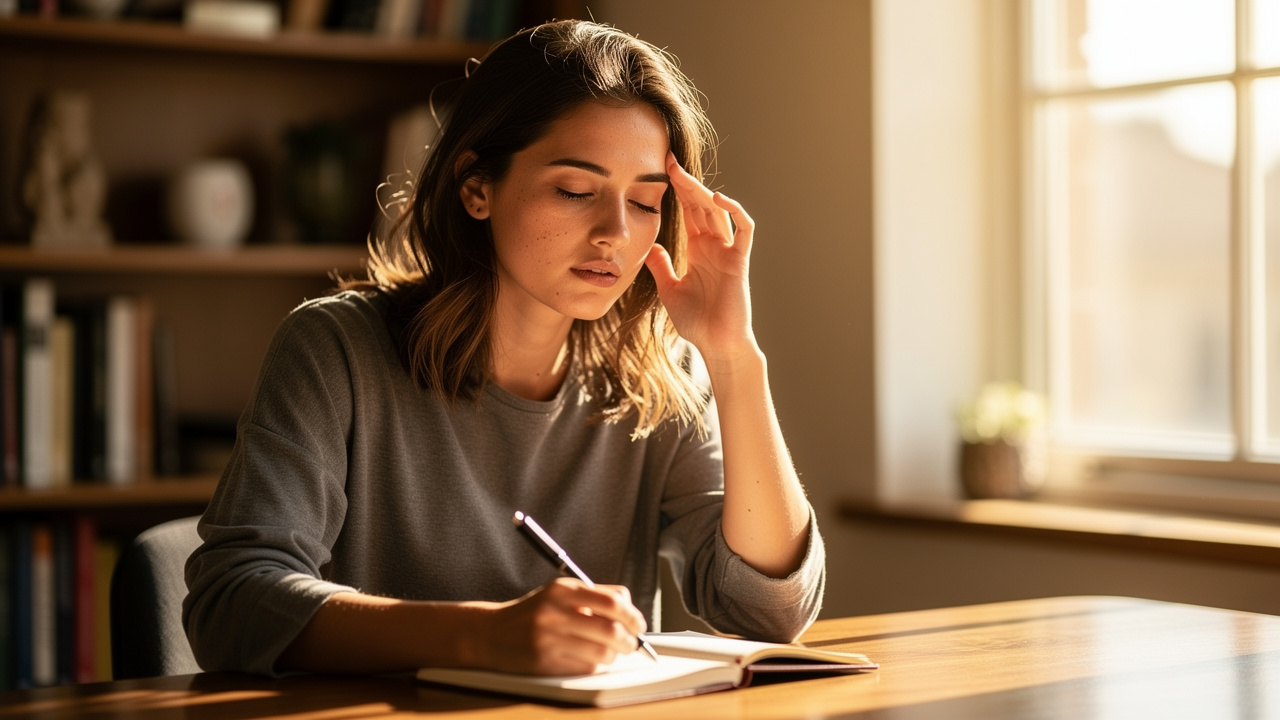 Student closing eyes to recall studied information