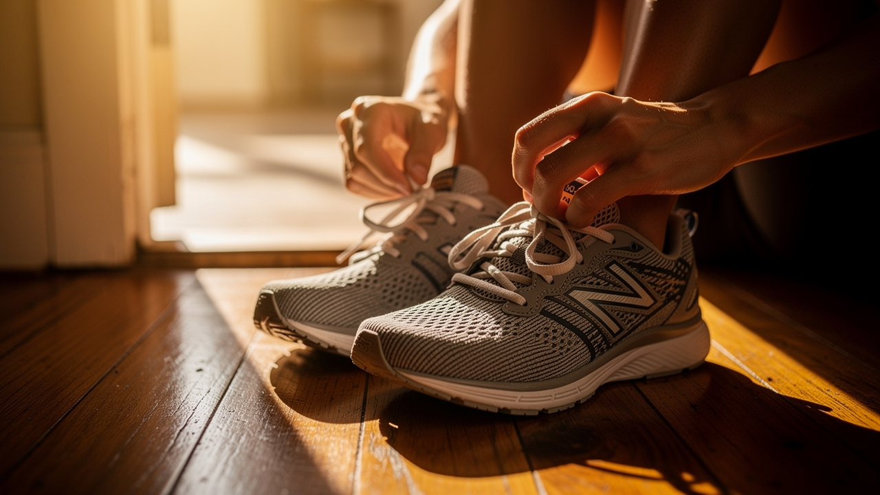 Person tying running shoes to start small habit