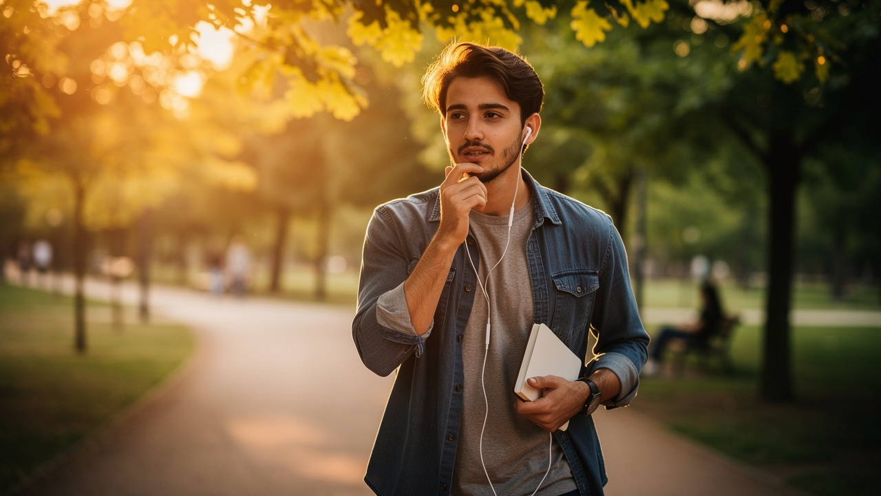 Person practicing verbal recall while walking outdoors