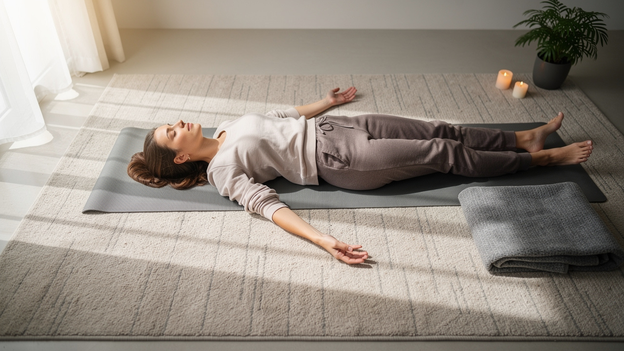 Woman practicing body scan meditation on yoga mat
