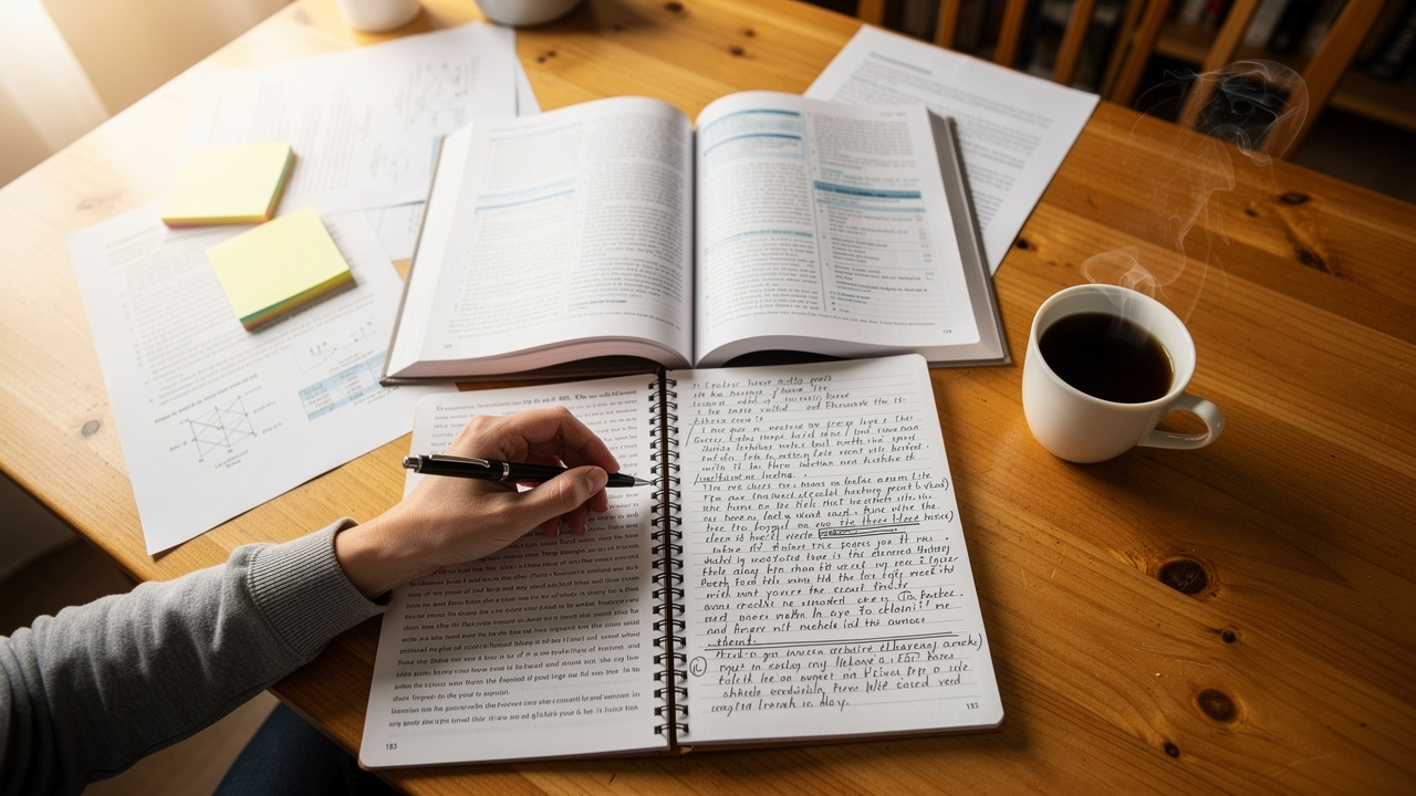 Student studying with textbook and taking handwritten notes