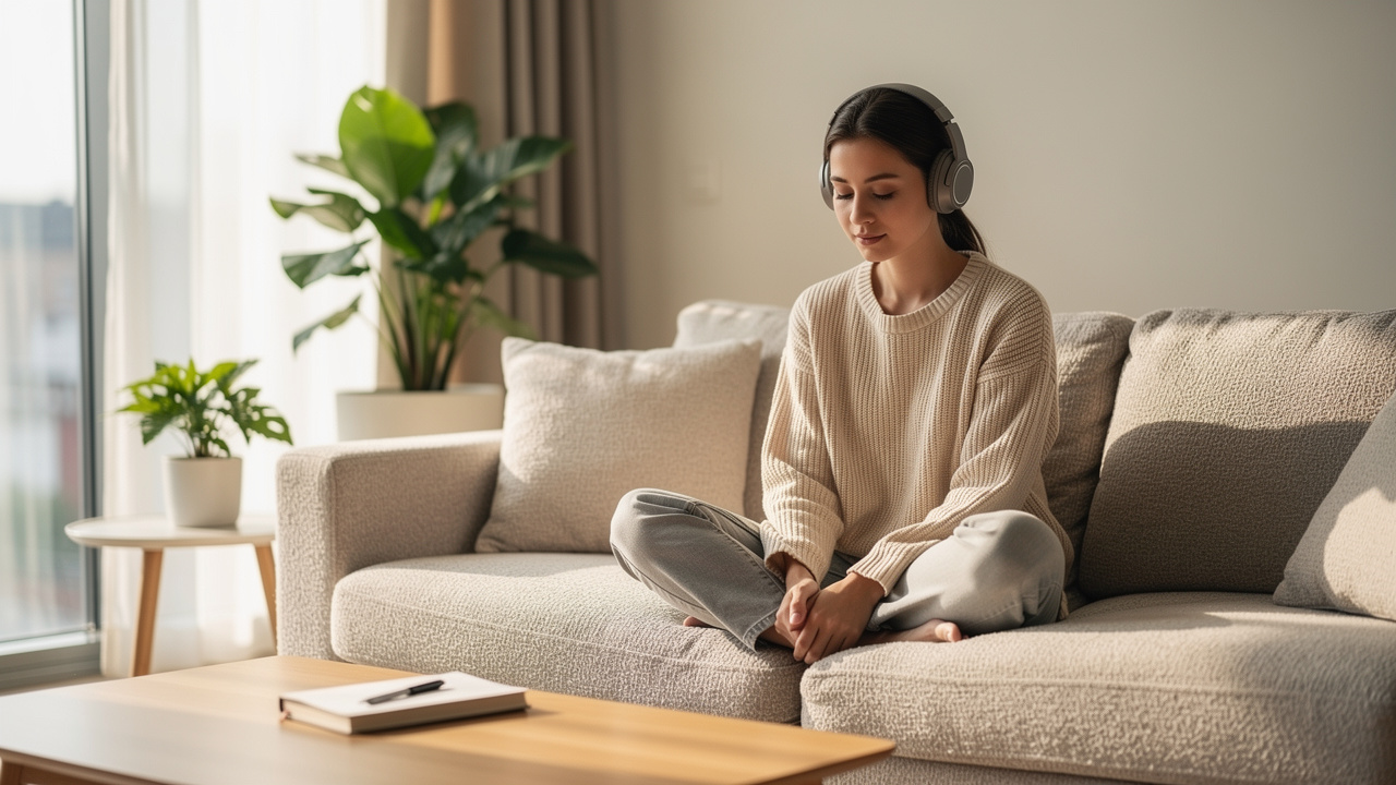 Person listening to audio program on couch in calm home environment