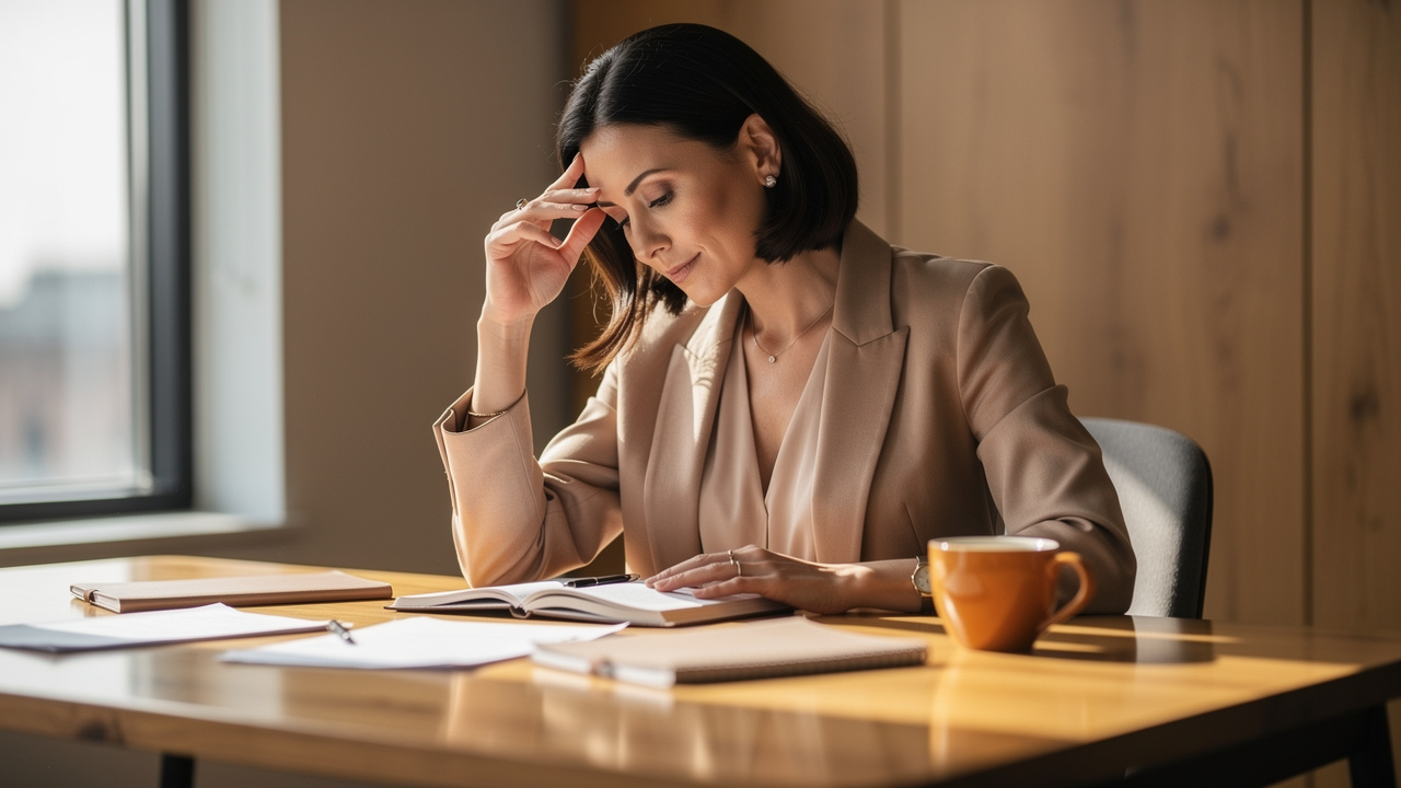 Professional woman concentrating deeply at her desk in natural light