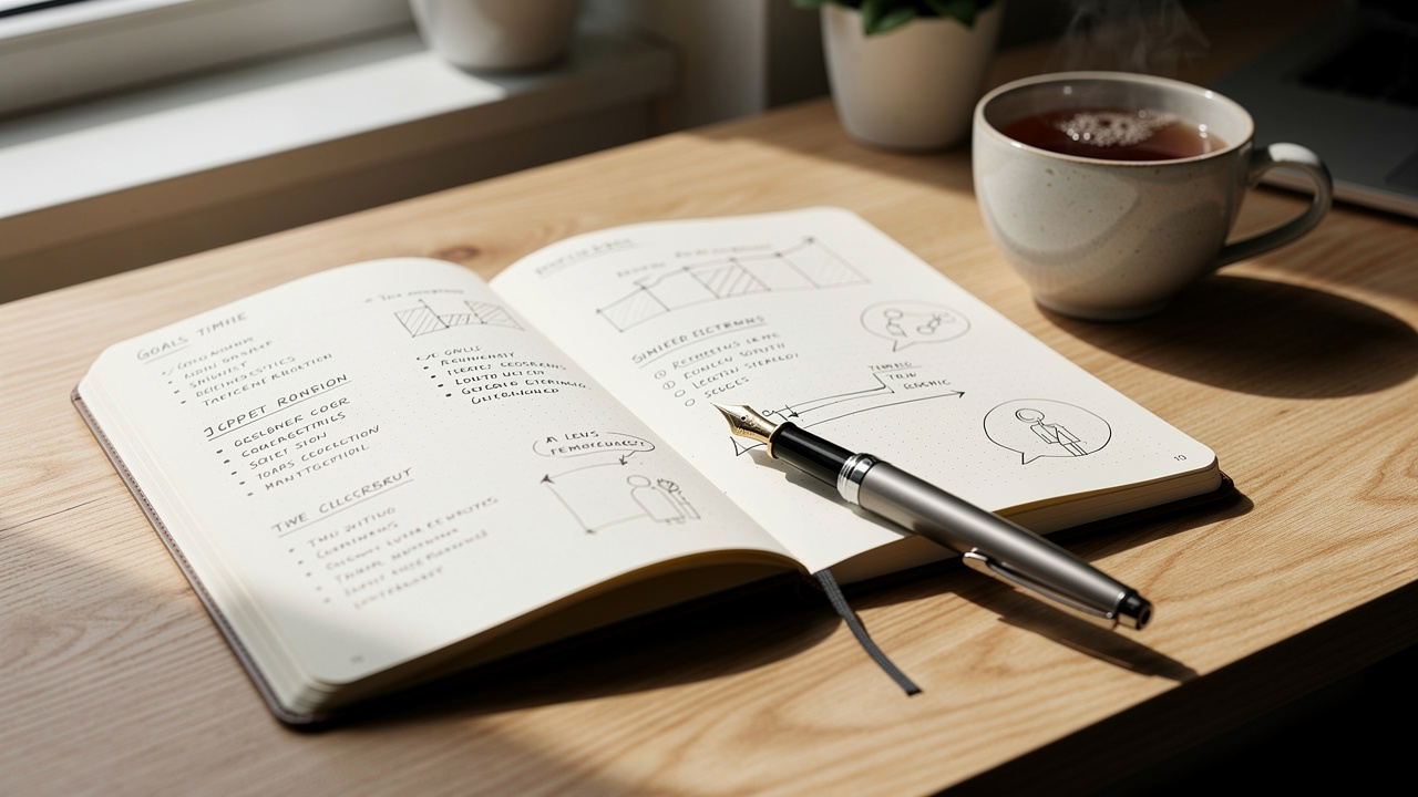 Open journal with written goals on a natural wood desk near sunlight