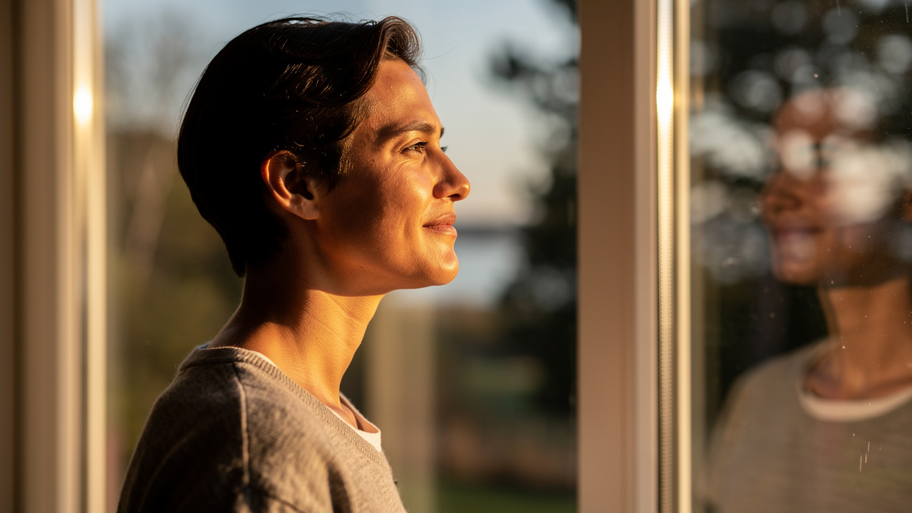 Person looking thoughtful at window during golden hour light