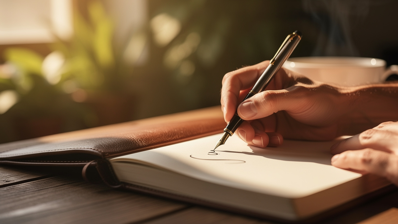 Person writing in journal with pen at wooden desk in natural light
