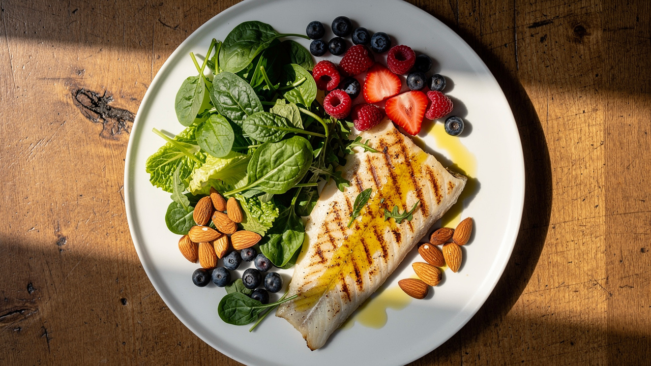 Mediterranean meal with greens, berries, nuts, and fish