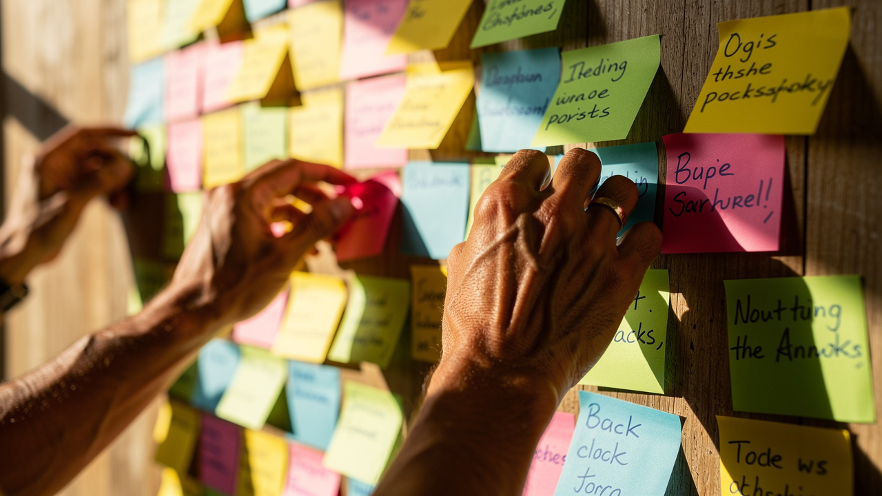 Hands arranging colored sticky notes on wall organized in clusters
