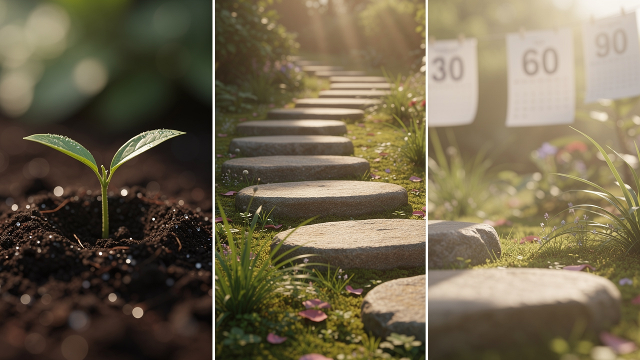 Natural elements arranged showing gradual progression of personal growth milestones