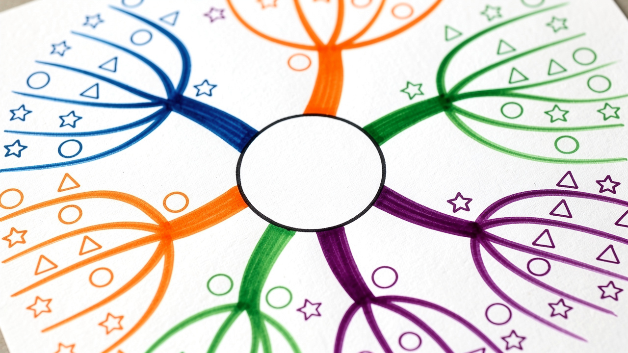 Detailed mind map with colorful branches and connected lines