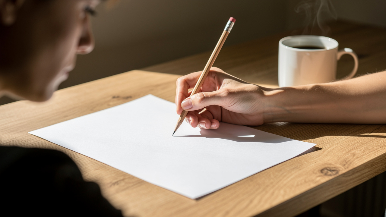 Person beginning to write a central problem on blank paper at desk