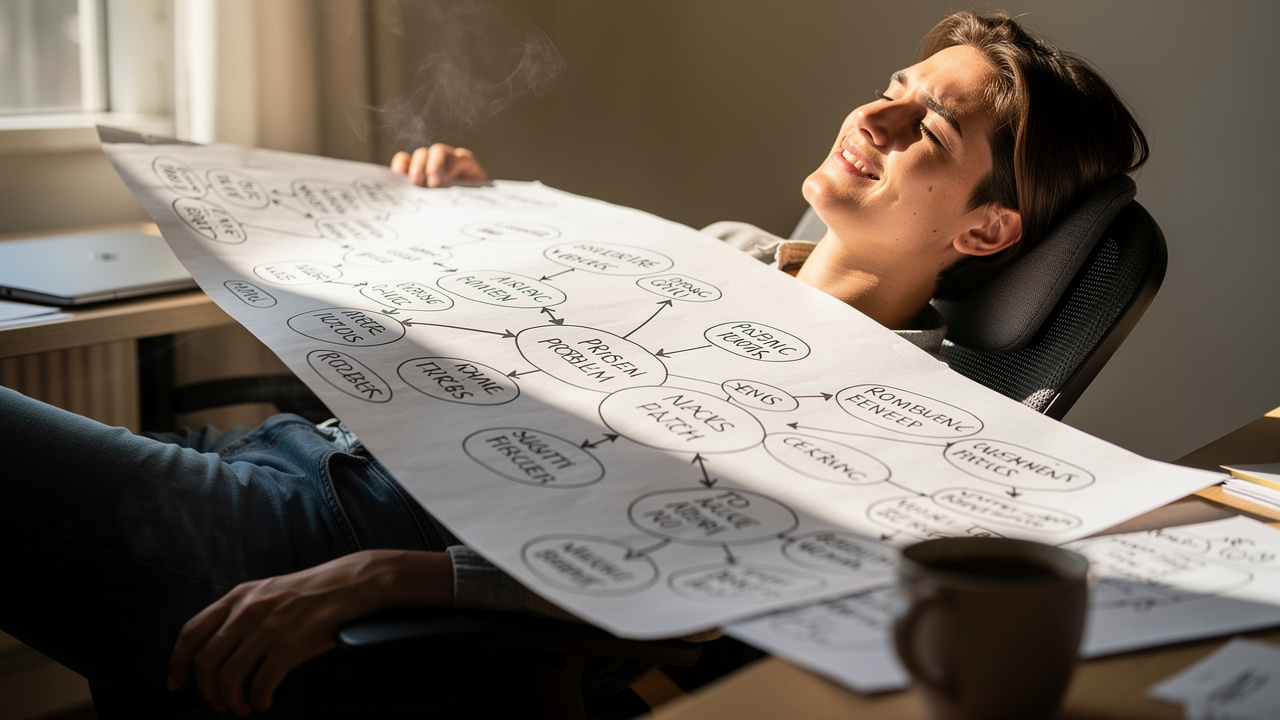 Person confidently reviewing completed mind map at their desk